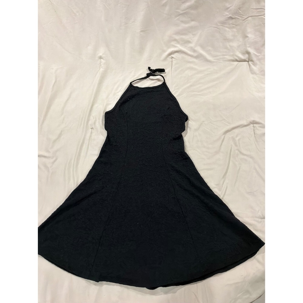 Black Halter Neck Mini Dress Textured Floral Jacquard Fit and Flare Skater Dress